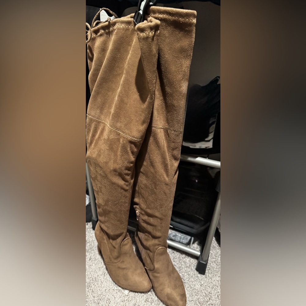 Wild Diva Over-the-Knee Suede-Look Heeled Boots in Brown